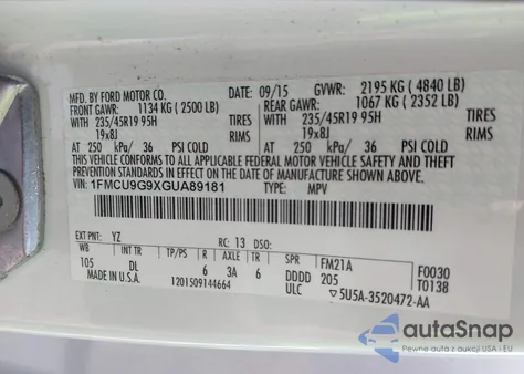 2016 Ford Escape Se z USA, uszkodzony, nr VIN 1FMCU9G9XGUA89181